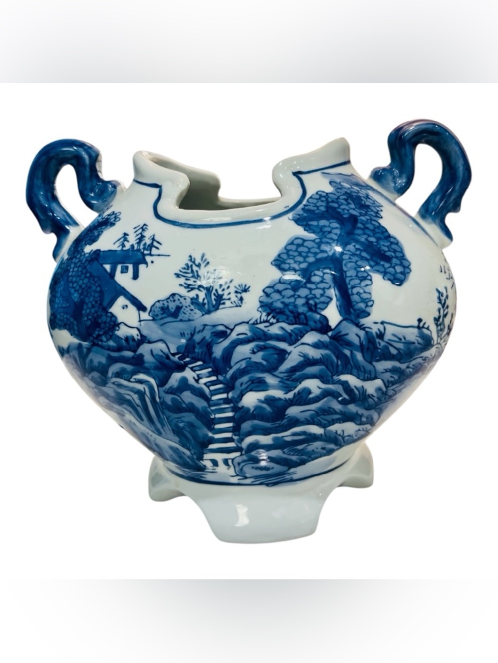 Blue White Chinoiserie Double Handle Planter Vase Scenic China Decor
